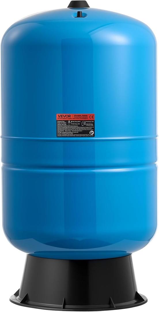 VEVOR 30-Gallon Vertical Well Pressure Tank, Pre-Charged Pressurized Water Tank for Well Pumps, Heavy-Duty Carbon Steel Water Storage Container for Home, School, Farm & Irrigation Systems