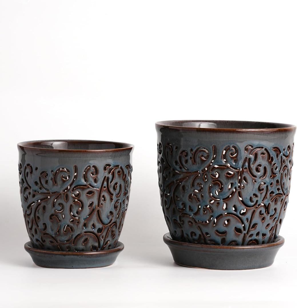 Orchid Pots with Holes, Ceramic Planter Flower Pot for Orchids Indoor Outdoor with Drainage and Saucer, Macetas para Orquídeas,Large 6.5 Inch, 5.3 Inch (Blue)