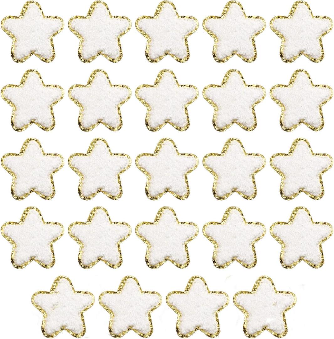 24 Pieces Star Chenille Patches,Cute Iron on Patches for Clothes,Iron on Stars Fabric Embroidered Patches for Women Backpack Hat Jacket Jean Decorative Applique(Star,White)