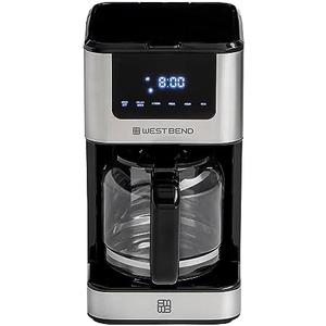 West Bend Drip Coffee Maker Brews Hot or Iced, Programmable with Brew Strength Selector Auto Shut-Off and 6 Functions Permanent Mesh Filter and Glass Carafe, 12-Cup, Metallic