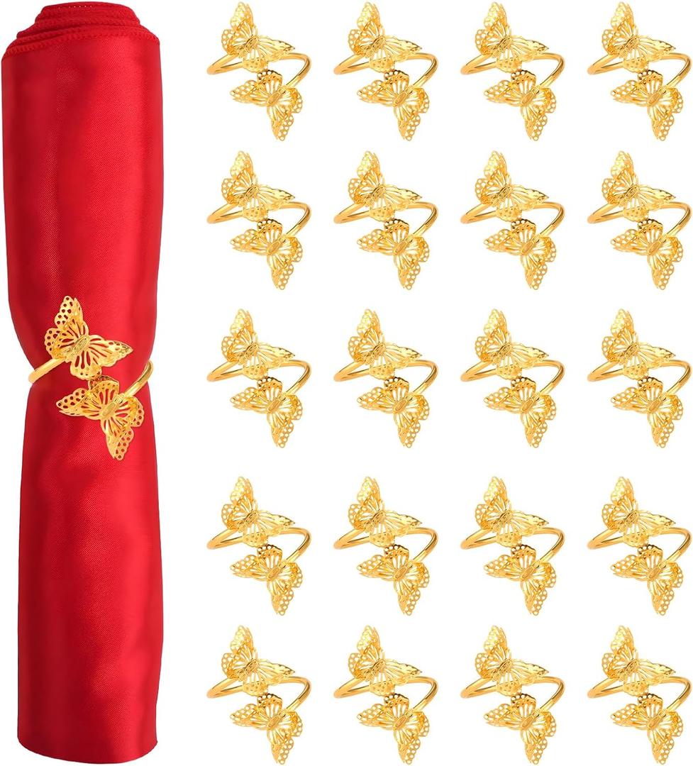 RETON 20 PCS Napkin Rings Set, Metal Butterfly Napkin Holders for Dinner, Double Butterflies Napkin Buckle for Wedding Holiday, Table Decoration, Party Supplies Thanksgiving Christmas (Gold)