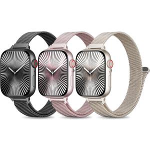 3 Pack Slim Metal Loop Compatible with Apple Watch Band 41mm 40mm 38mm 46mm 45mm 44mm 42mm 49mm Women Men, Thin Stainless Steel Magnetic Strap for iWatch Bands Series 10 9 8 SE 7 6 5 4 3 2 1 Ultra (Black/Rose Pink/Starlight)