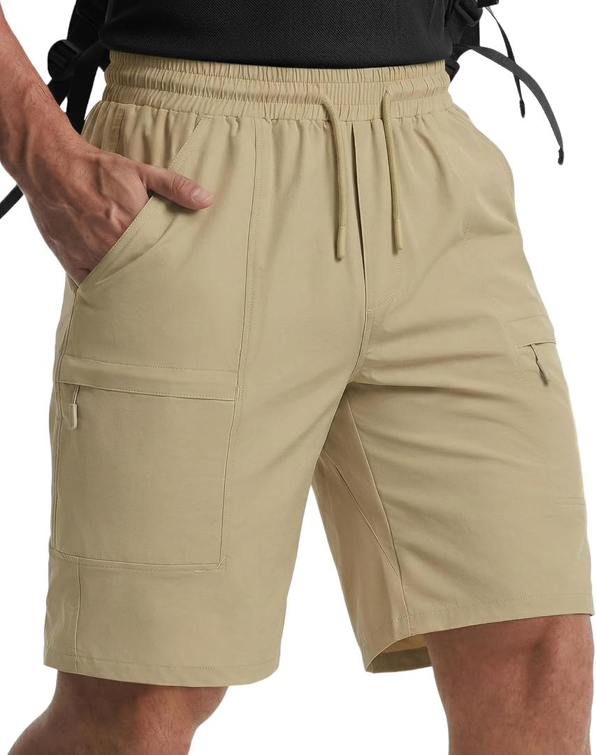 Men's Stretch Cargo Shorts Relaxed Fit Drawstring Elastic Waist Outdoor Work Hiking Athletic Shorts with 5 Pockets (Khaki)
