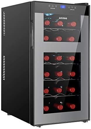 maisee Wine Fridge Dual Zone,18 Bottles Wine Cooler Refrigerator Chiller Upper Zone 46f-54f Lower Zone 54f-65f for Red White Wine Champagne in Home Office Bedroom Countertop （18 Bottles,Black