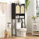Rattan Over The Toilet Storage Cabinet with Adjustable Shelf, Bathroom Organizers and Storage with Metal Stand and Wood Rack, Tall Freestanding Shelf Space Saver, Black