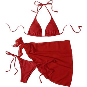 WDIRARA Women's 3 Piece Bathing Suit Triangle Bikini Swimsuit Halter with Cover Up (Red) Small
