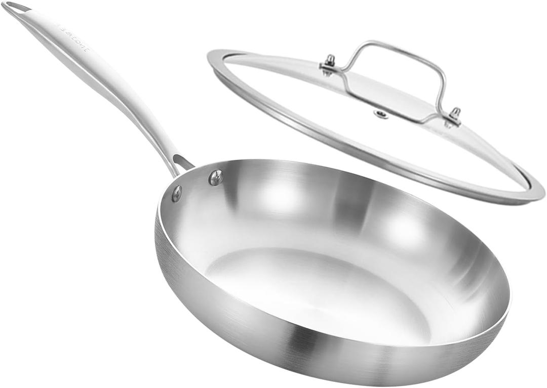 Inqibee 8 Inch Stainless Steel Frying Pan with Lid, Tri-Ply Clad Small Skillet, Induction Ready & Compatible with All Cooktops, Oven and Dishwasher Safe, Non-Toxic PFOA-Free Cookware