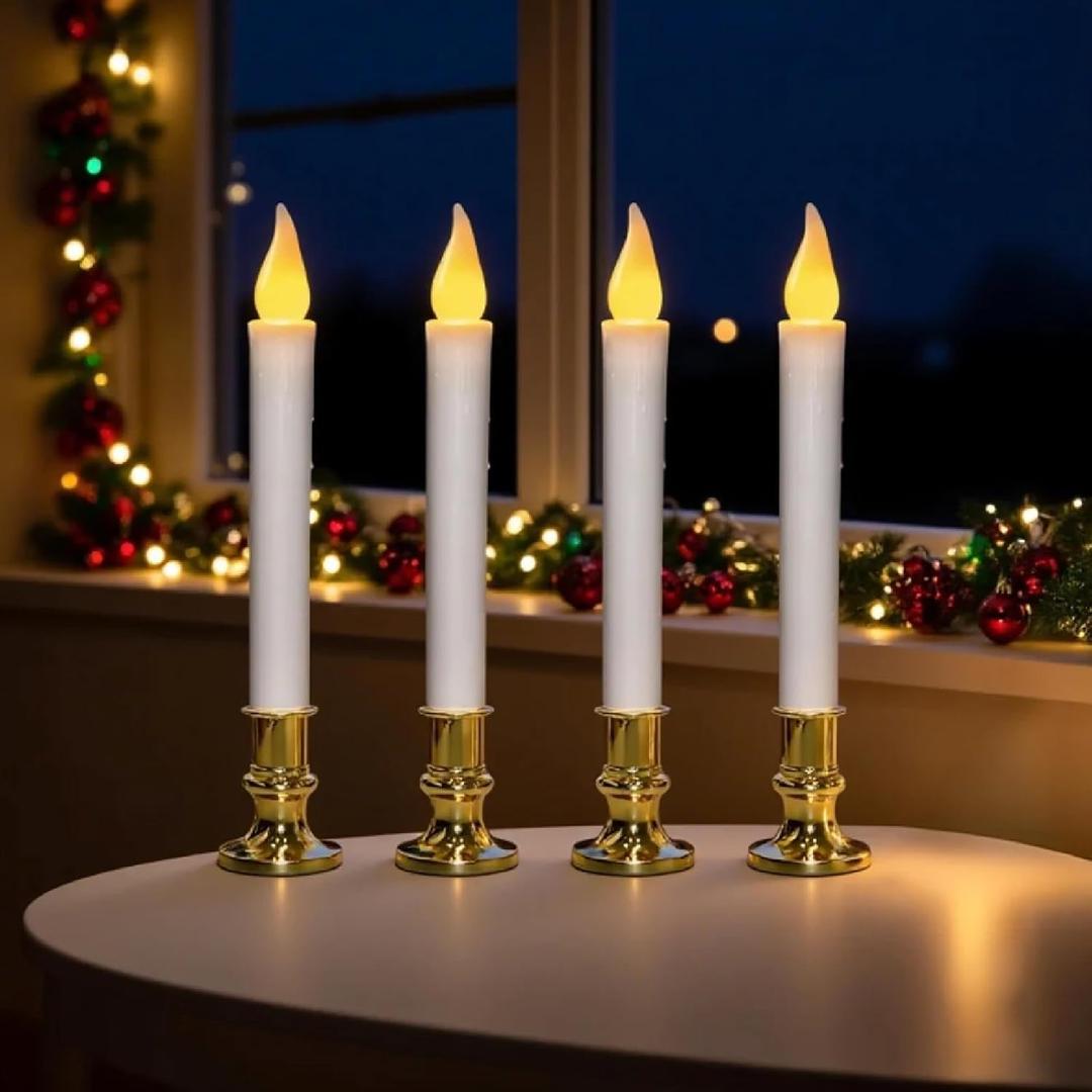 4Pack Christmas Window Candles Battery Operated with Timer, 6H/18H Auto On/Off, LED Flameless Candles with Realistic Flickering Flame and Suction Cups for Holiday Home Decor