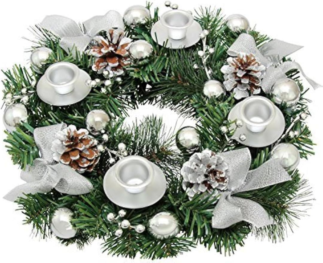 Silver Ribbon Christmas Advent Wreath - Advent Wreaths Season Centerpiece Dcor - Advent Candle Holder and X-mas Candles Decorations - Advent Calendar Season Decoration