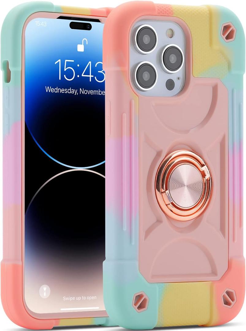 MARKILL Compatible with iPhone 14 Pro Case 6.1 Inch with Built-in Ring Stand, Military Grade Drop Protection Full Body Rugged Heavy Duty Case 3 in 1 Protective Durable Cover. (Rainbow Pink)