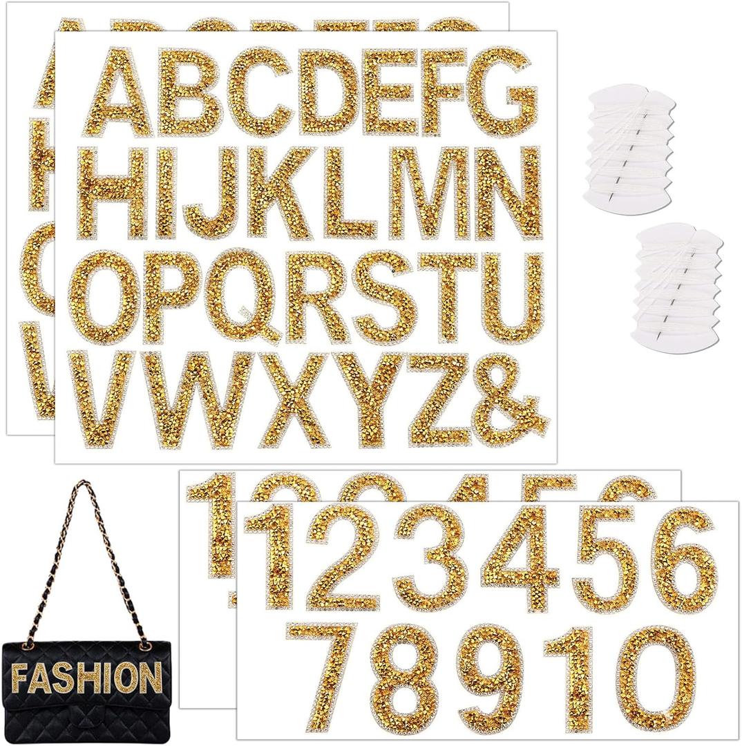 76 PCS Rhinestone Letter Stickers, 2.4 Inch Gold Glitter Alphabet Sticker with Sewing Kits, Self Adhesive A-Z & 0-9 Letter Number Stickers for DIY Arts and Crafts Decor, Clothes, Bags, Hats