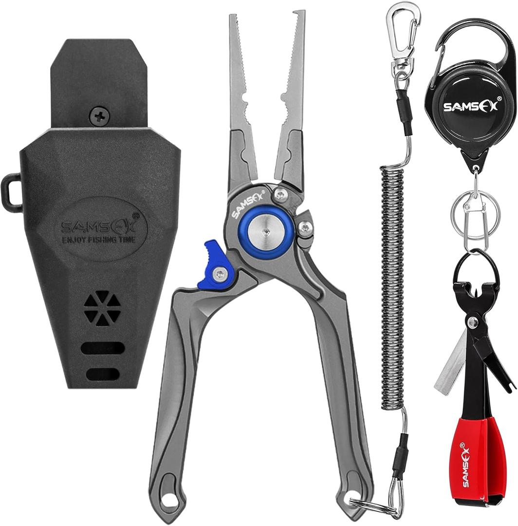 SAMSFX Fishing Pliers, Muti-Function Fly Fishing Tools, 8" Saltwater Resistant Gear Hook Remover Split Ring Tungsten Cutters, with Lanyard & Sheath