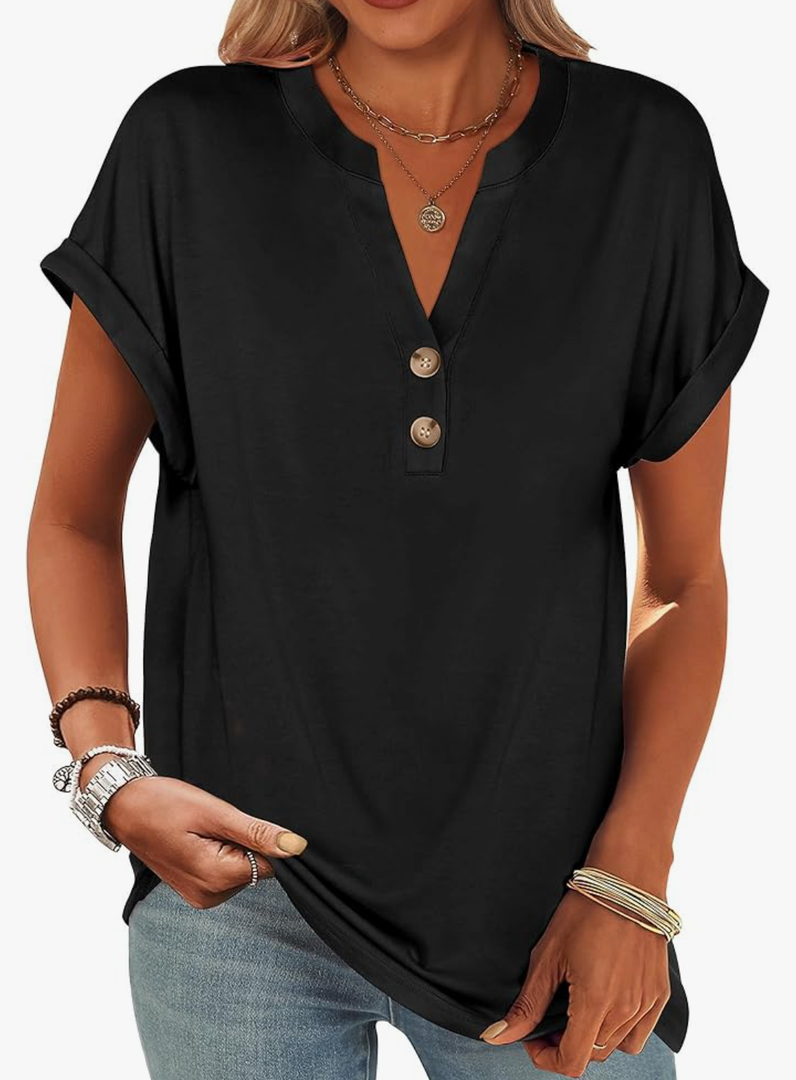 ANRABESS Womens Short Sleeve Henley Tops V Neck Dressy Casual Blouses Summer Trendy Tee Shirts 2025 Vacation Fashion Clothes, Black, XL