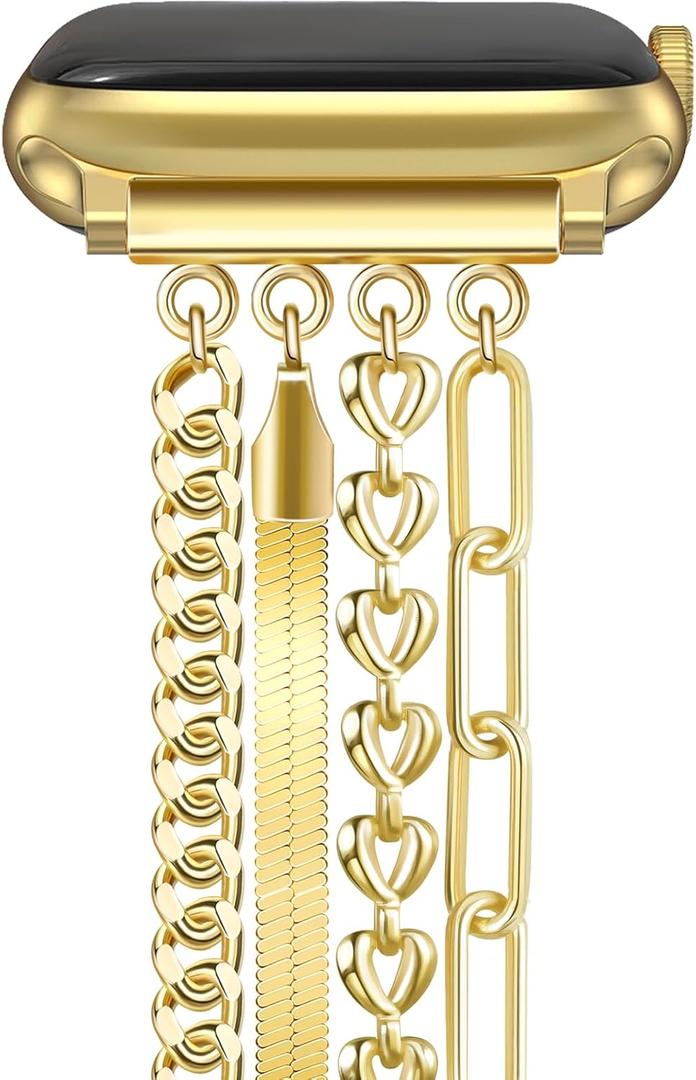 Chain Bracelet Watch Band Women Compatible with Apple Watch 42mm(S1/2/3) 44mm 45mm 46mm 49mm Adjustable Fashion Slim Jewelry Strap for iWatch Series 10/9/8/7/6/5/4/3/2/1/SE/Ultra1 2 Gold A