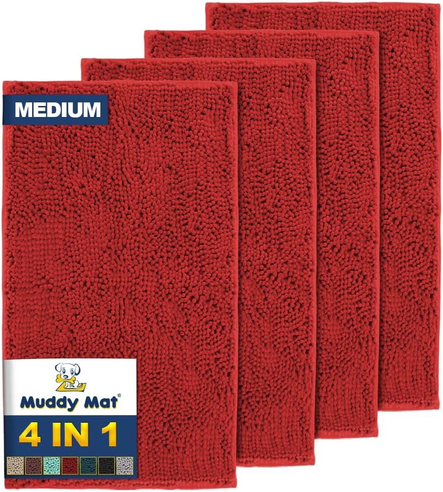 Muddy Mat 4-Piece Red Medium 30"X19" AS-SEEN-ON-TV Highly Absorbent Microfiber Door Mat, Bath Mat and Pet Rug, Non Slip Thick Washable, Soft Chenille for Kitchen Bathroom Bedroom Indoor and Outdoor