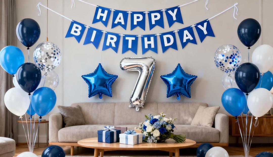 7th Birthday Party Decorations for Boys, Blue 7th Birthday Party Supplies, Birthday Banner Number 7 Star Foil Balloons Latex Confetti Balloons for Boys Him 7 Years Old Birthday