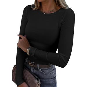 Roselux Womens Long Sleeve Stretch Crewneck Ribbed T-Shirt Fitted Casual Basic Tops (Medium, Black)