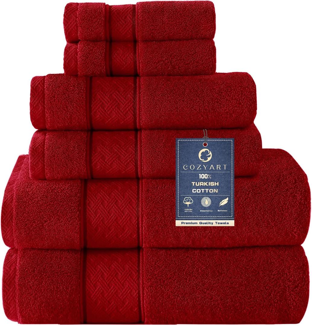 Cozyart Red Bath Towel Set 6 Piece, Luxury 100% Turkish Cotton 650GSM Hotel Quality, Soft, Absorbent,Towel Sets for Bathroom | 2 Bath Towels 2 Hand Towels 2 Washcloths