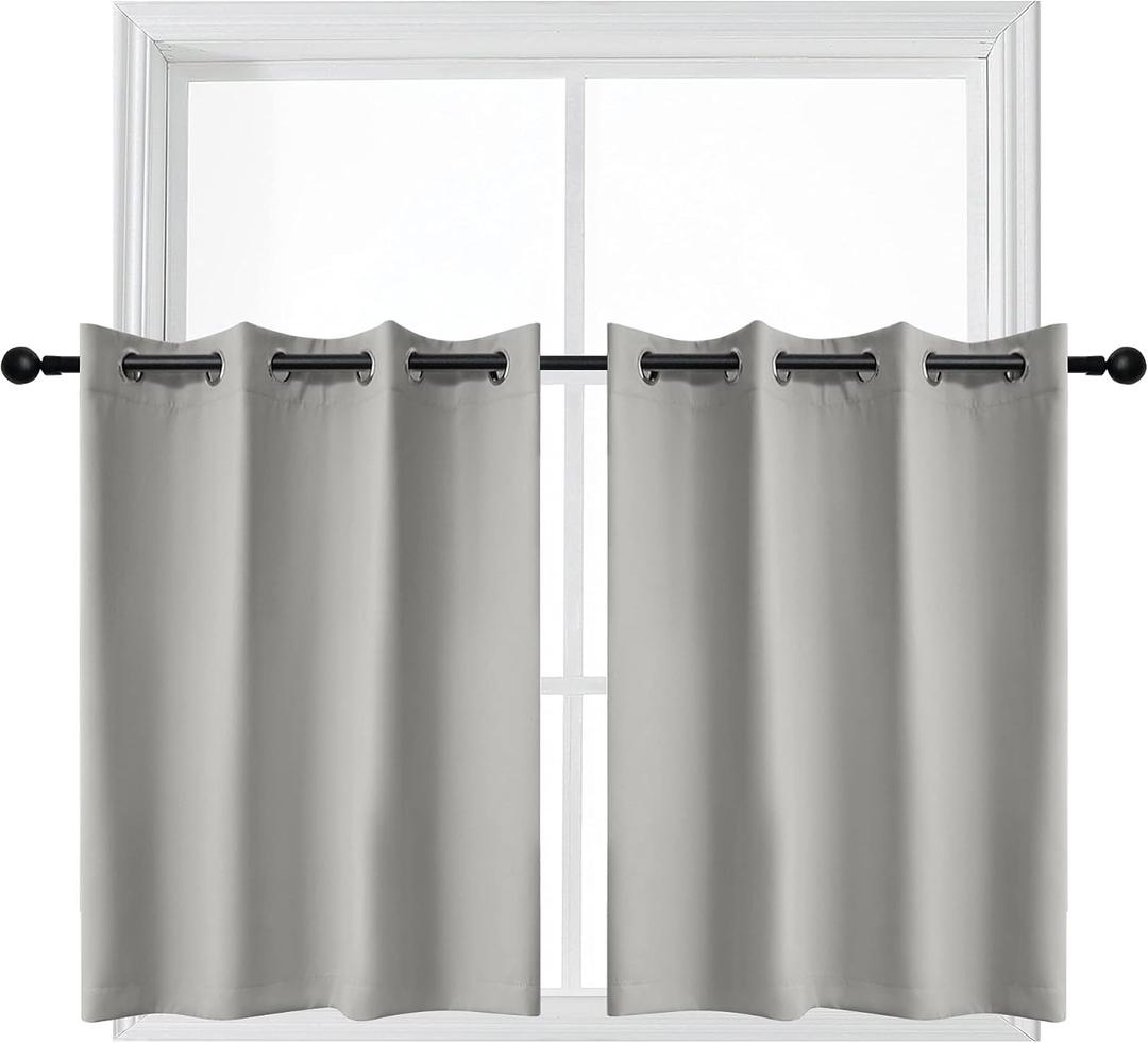 YGO 24 inch Tier Curtains for Kitchen-Thermal Insulated Blackout Grommet Top Window Tiers for Cafe (Light Grey, 2 Panels, 52 W by 24 L)