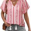Unixseque Summer Tops for Women Casual Boho Blouses Short Sleeve V Neck Shirts Tie Front 2025 Trendy Beach Vacation Clothes (XL)