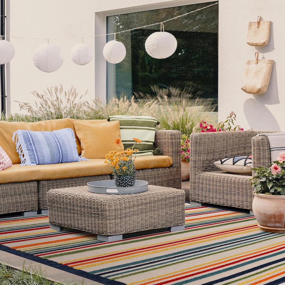 Superior Indoor Outdoor Area Rug, Perfect for Patio, Bedroom, Kitchen, Laundry Room, Entryway, Office, Playroom, Carpet Cover, Modern Casual Stripe Geometric, Eastyn Collection, 7' 10" x 9' 10", Cream