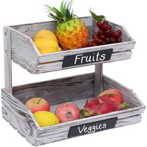 Fruit Basket Hanging Storage Baskets Kitchen Storage,2 Tier Farmhouse Standing Wooden Organizer,Classic Pastoral Holder Rack for Kitchen,Office,Dining Room and Guest Room (Need Assemble)