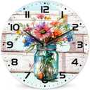 Watercolor Spring Flower Wall Clock, Vintage Wooden Silent Non-Ticking Battery Operated with Arabic Numerals, Decorative for Kitchen, Office, 10 Inch
