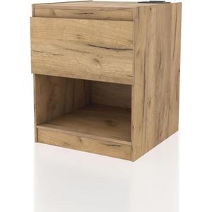 Furniture of America Rockton Transitional Wooden Nightstand with Charging Station, Drawer, and Open Shelf, Bedside Table Featuring Space to Storage Things for Room, Dorm, Bedroom, Light Oak