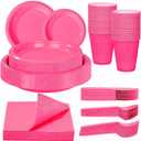 WELLIFE 210Pcs Hot Pink Plates, Disposable Dinnerware Set, Including Hot Pink Plastic plates, 12oz Cups, Plastic Cutlery and Napkins Serve 30 Guests, Plastic Plates for Party and Valentine,Galentines