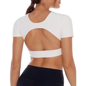 Open Back Workout Crop Tops for Women Backless Yoga Shirts Gym Short Sleeve Mild Support Compression Tee with Bra (X-Small, Creamy White)