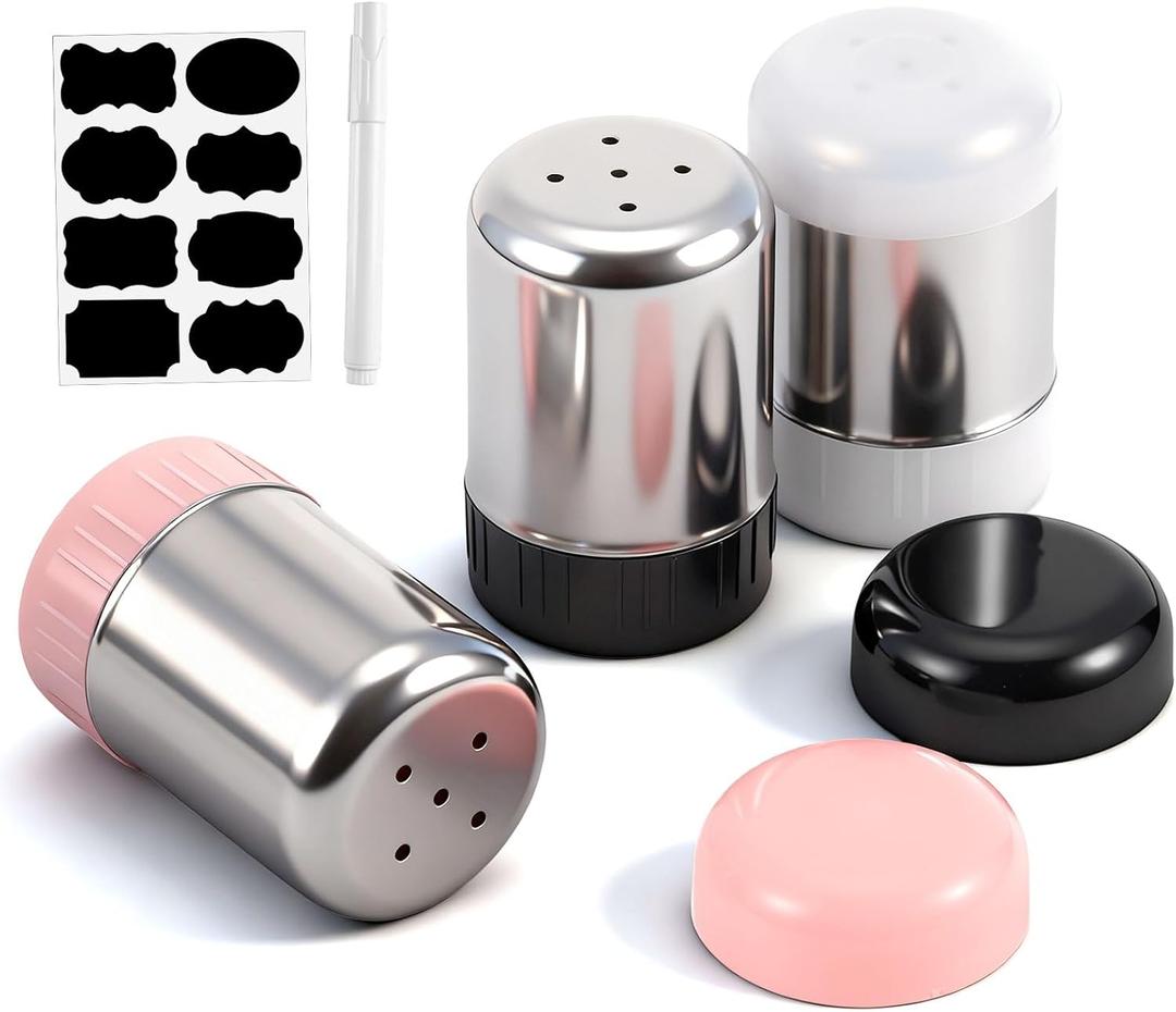 3 Pack Salt and Pepper Shaker with Sticker Marker Moisture Proof Mini Salt Shaker Camping Picnic Outdoor Kitchen Travel Spice Lunch Boxes with Colored Lid Stainless Steel Airtight Dispenser
