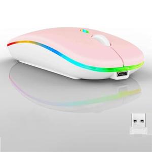 Guiheng Wireless Bluetooth Mouse,LED Dual Mode Rechargeable Silent Slim Laptop Mouse,Portable(BT5.2+USB Receiver) Dual Mode Computer Mice,for Laptop,Desktop Computer,ipad Tablet,Phone,TV (Pink)