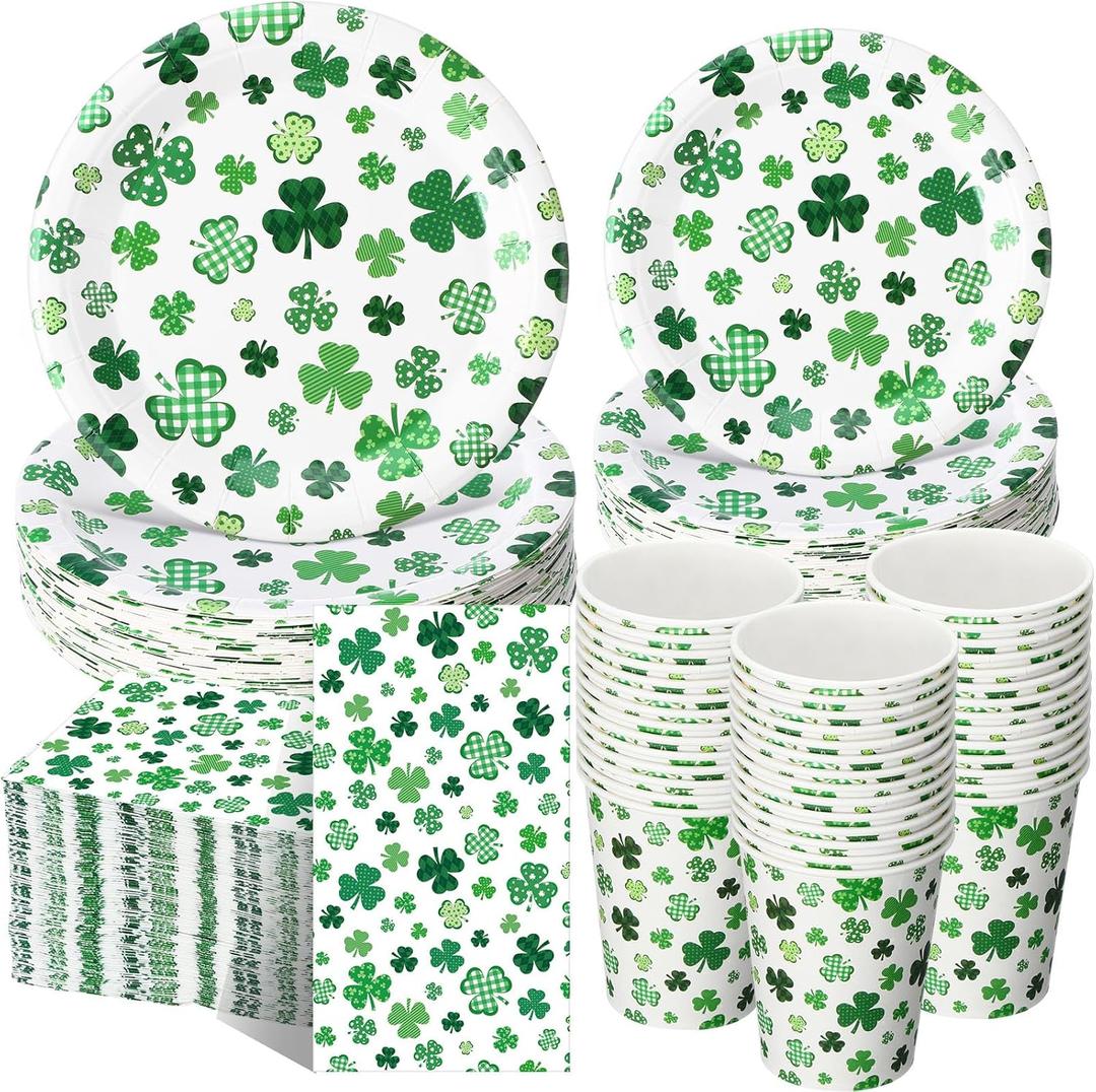 Pickmesh 250 Pcs St. Patrick's Day Party Supplies Kit for 50  Shamrock Disposable Paper Plates, Napkins and Cups for St. Paddy's Day Party, Irish Celebration, Birthday Decorations (Green)