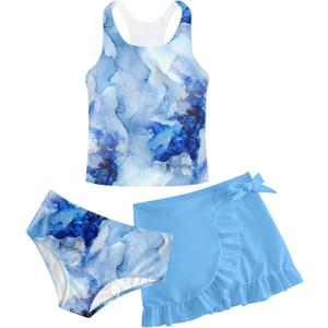 Girls Swimsuits 3 Piece Tankini Bathing Suit Set Cute Bikini Swimwear with Cover Ups Beach Skirt (8-9 Years, Blue)