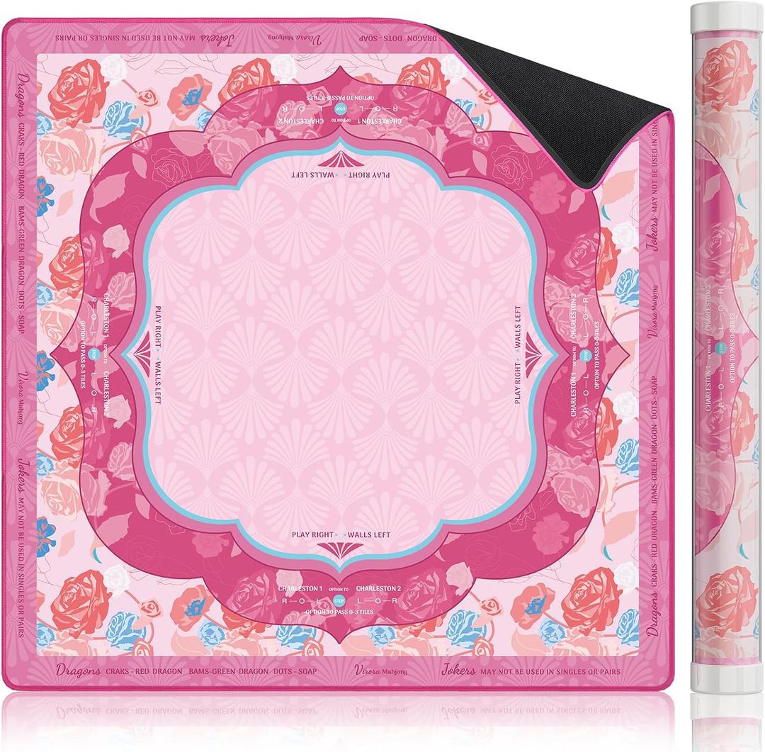 Virora American Mahjong Mat with Rules, Pink Mahjong Mat, 3MM Non-Slip Rubber Noise Reduction Mah Jongg Pad, 32.7x32.7in Rolled No Creases Waterproof Mahjong Table Cloth for Mah Jong & Card Games