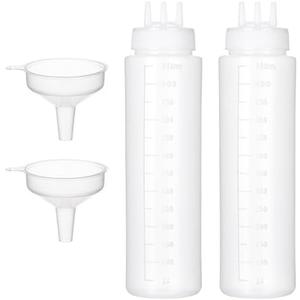 Uceoo 3 Hole Squeeze Bottle for Sauces, Plastic Squeeze Condiment Bottles Tomato Sauce Dispensers for Ketchup BBQ Dressing Paint Workshop Pancake Art Craft with 2 Funnels (22oz-2pcs)