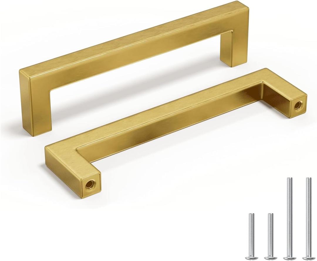 homdiy 6 Pack 5 Inch Gold Handles for Cabinets Kitchen Cabinet Handles Brushed Brass Cabinet Pulls Gold Hardware for Cabinets Stainless Steel Modern Hardware (5inch(128mm) hole center)