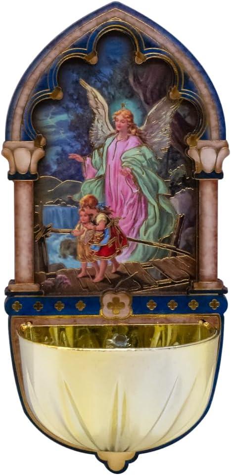 Guardian Angel Holy Water Font | Catholic Home Wall Decoration | Great Christian Gift for Baptism and First Holy Communion | Wooden Base with Full-Color Image of Angel Guiding Children