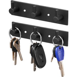 Stainless Steel Wall Key Holder Set of 2 - 3 Key Hooks Modern Hanger for Home, Kitchen, Entryway, Hallway, Office, Cabinet, Bathroom (Black)