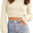 GeGekoko Womens Sexy Crew Neck Cropped Sweaters Ribbed Knit Long Sleeve Crop Tops Pullover (Large, Beige)