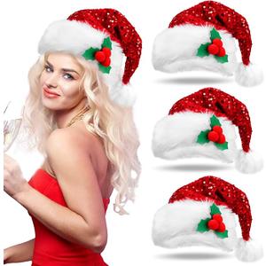 Liitrsh 3 Pcs Christmas Santa Hat for Adults, Unisex Sequin Santa Hats with Red Berry for New Year Xmas Festive Holiday Party(Rose Red)