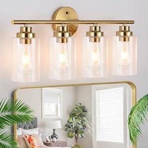 Blinghy 4-Light Bathroom Light Fixtures, Gold Modern Vanity Light with Clear Glass Shade, Bathroom Lighting Fixtures Over Mirror, Bathroom Wall Lamp for Mirror Living Room Bedroom Kitchen Hallway