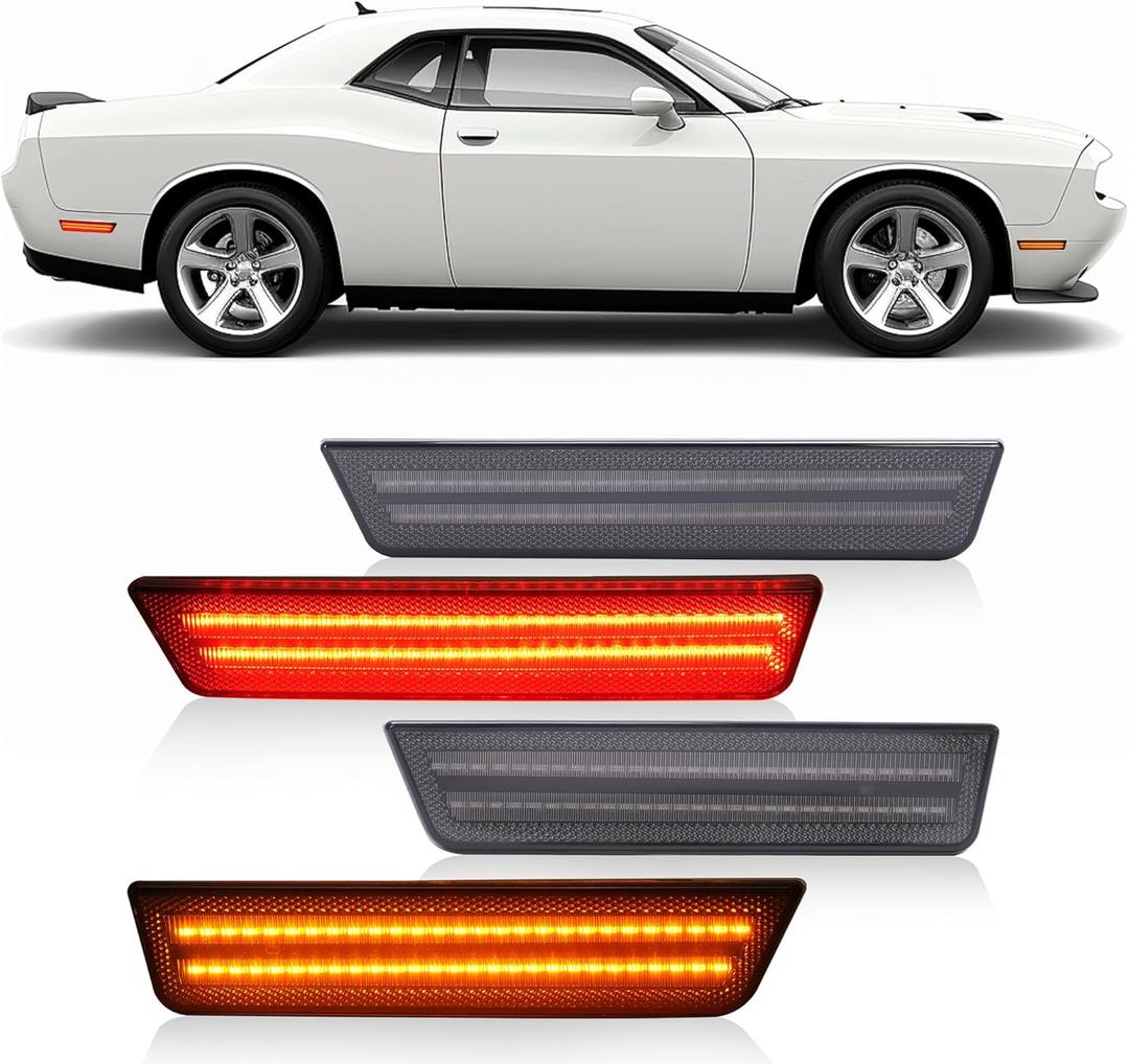 HECASA Amber & Red LED Smoke Lens Side Marker Lights Compatible with 2008-2014 Dodge Challenger Charger, Front & Rear Bumper Signal Fender Parking Lamps Left & Right Side 2Pcs