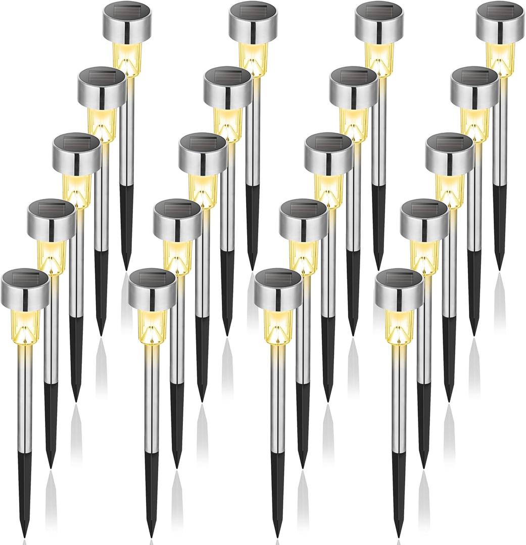 GIGALUMI Solar Pathway Lights, Stainless Steel IP44 Waterproof Auto On/Off Outdoor LED Solar Landscape Lights for Garden, Yard, Patio, Path and Walkway(20 Pack, Warm White)