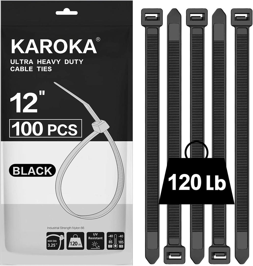 Zip Ties 12 inch Heavy Duty Zip Ties with 120 Pounds Tensile Strength, Black Cable Ties, 100 Pieces,by Karoka