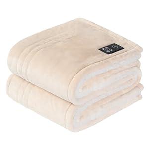 Sealy Heated Blanket Throw with Built-in Button Controller, Reversible Flannel to Sherpa Electric Blanket with 2-10 Hours Auto-Off & 4 Heating Levels, Over-Heat Protection, 50x60 Inch, Beige