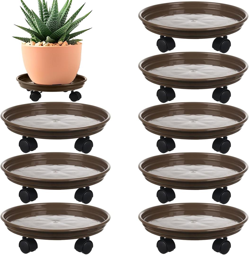 8 Packs Plant Caddy With Wheels 12" Plastic Rolling Stands Heavy-Duty Dolly With Casters Indoor and Outdoor Roller Base Large Heavy Pot Saucers Plant Mover, Brown
