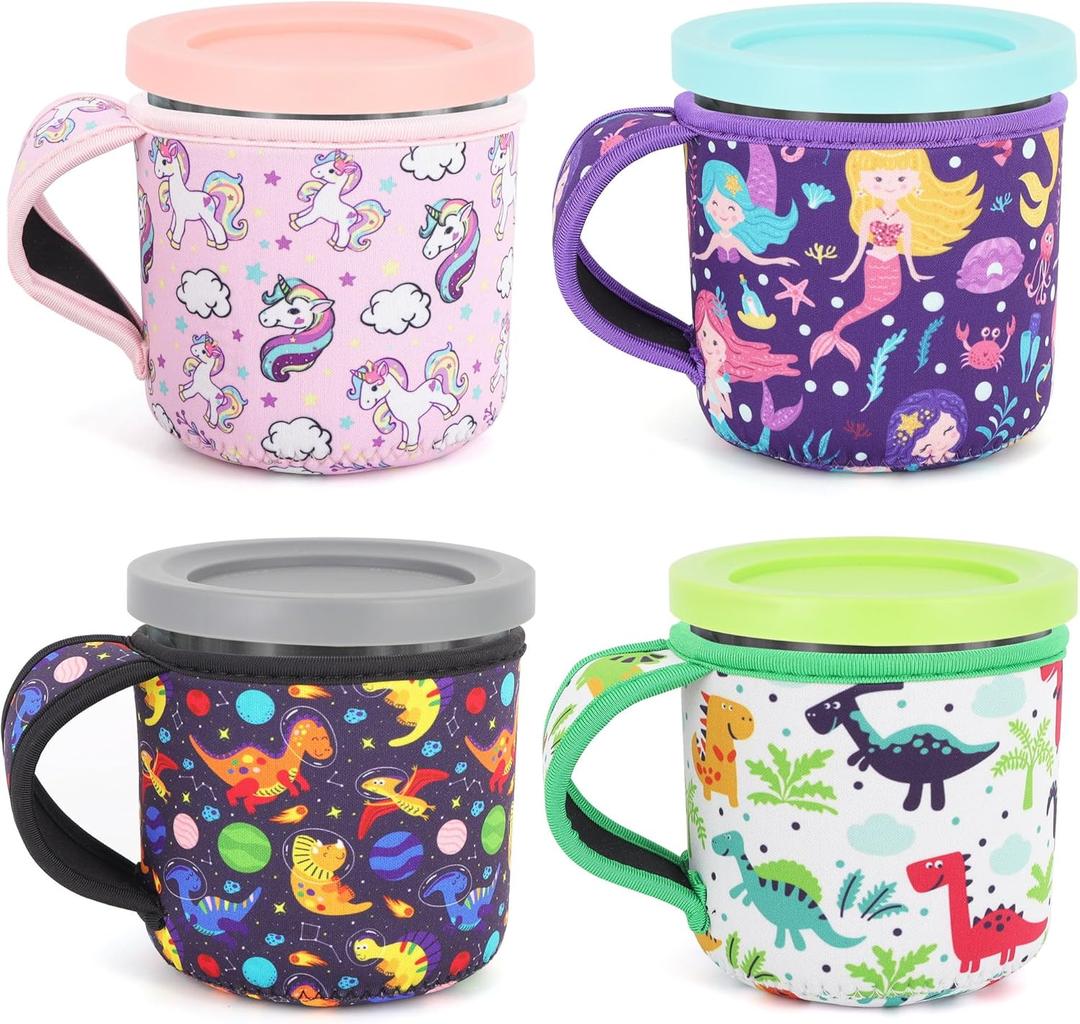 4Pack Reusable Ice Cream Sleeves with Handle, Neoprene Insulated Sleeves for Ninja Creami Pints, Talenti Ice Cream Pints, Frozen Desserts (Cartoon Print) (16oz)