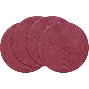 Floroom 15 Inch Round Braided Placemats Set of 4, Washable Heat Resistant Cotton Polyester Circle Place Mats for Kitchen Dining Table - Burgundy