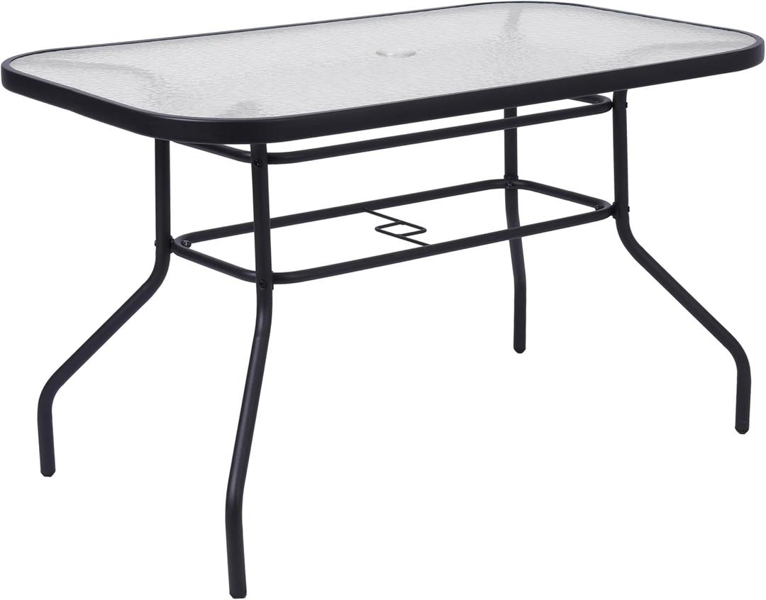 Flash Furniture Tory Rectangle Patio Table with Umbrella Hole, Commercial All-Weather Table with Heat Resistant Tempered Glass, Steel Tube Frame, 27.5x47.25, Black